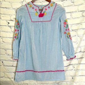 Mini Boden Blue White Striped Pink Embroidered Long Sleeve Dress Girl’s Size 12
